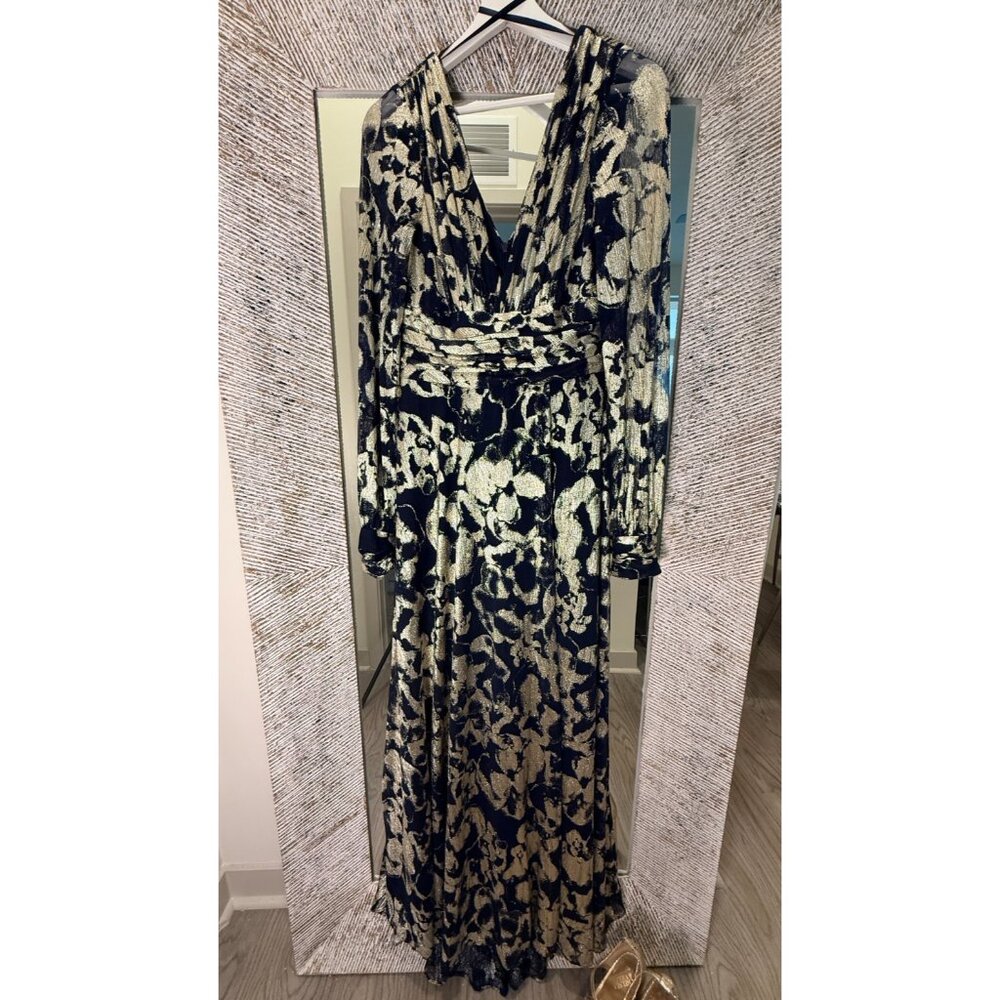 BETSY & ADAM Elle Long Sleeve Side Ruffled Slit Gown Size 8 Navy Evening Formal